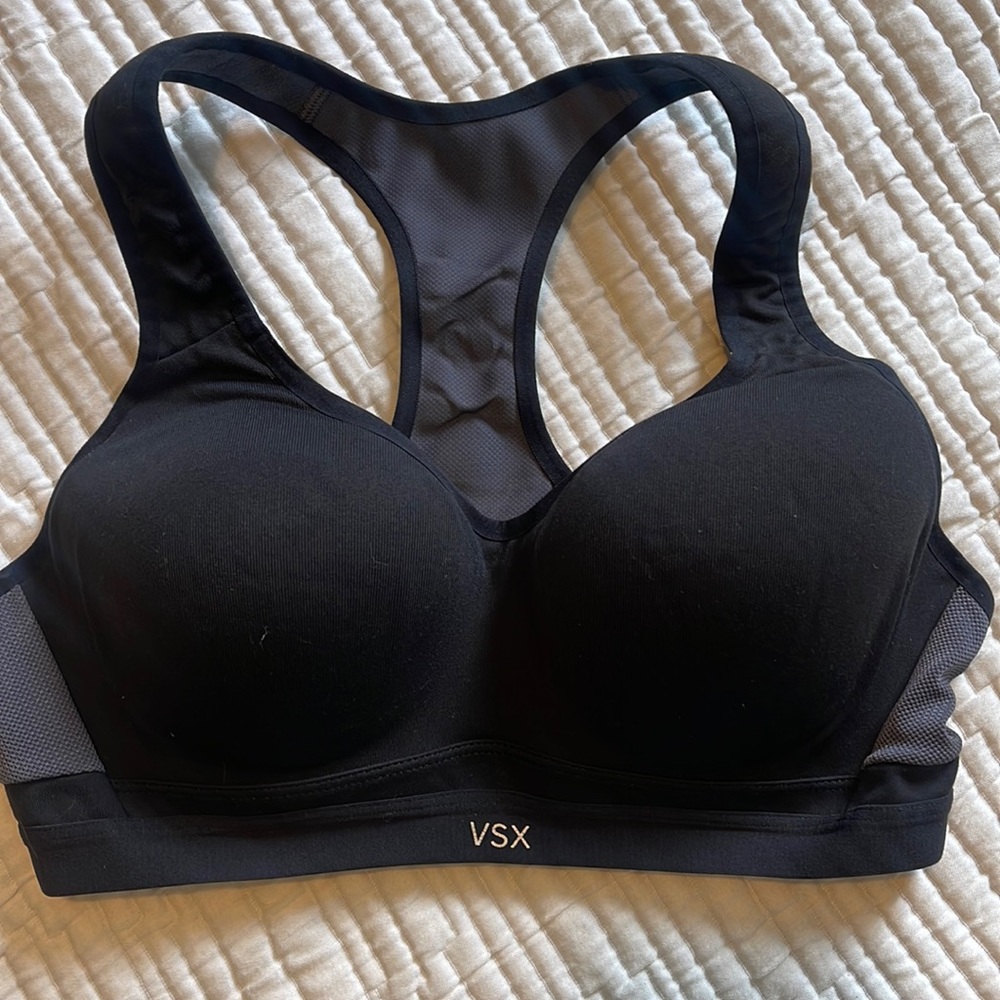 Victoria Secret VSX Sport 36B Grey Black Cross Back Racerback Sports Bra -